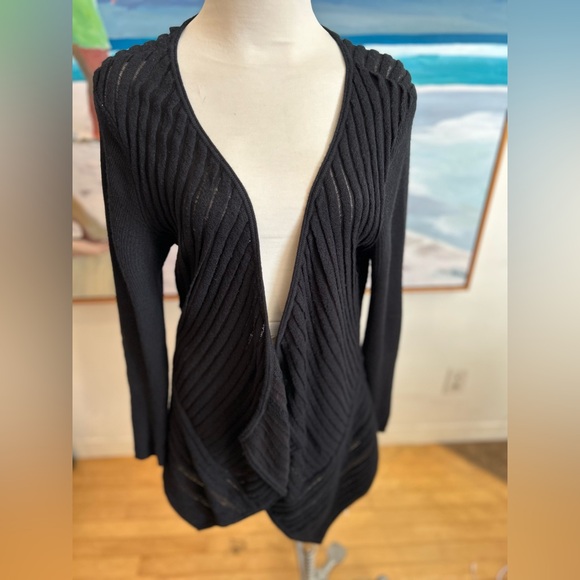 Eileen Fisher Sweaters - EILEEN FISHER Black Felt Ladder Italian Asymmetrical Hem Wool Cardigan, Sz L